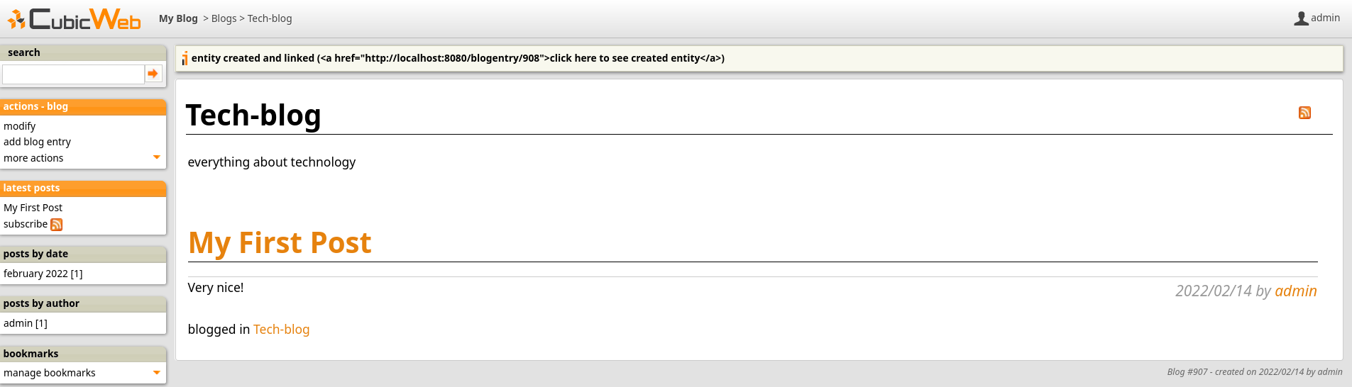 the blog primary view after creation of a post