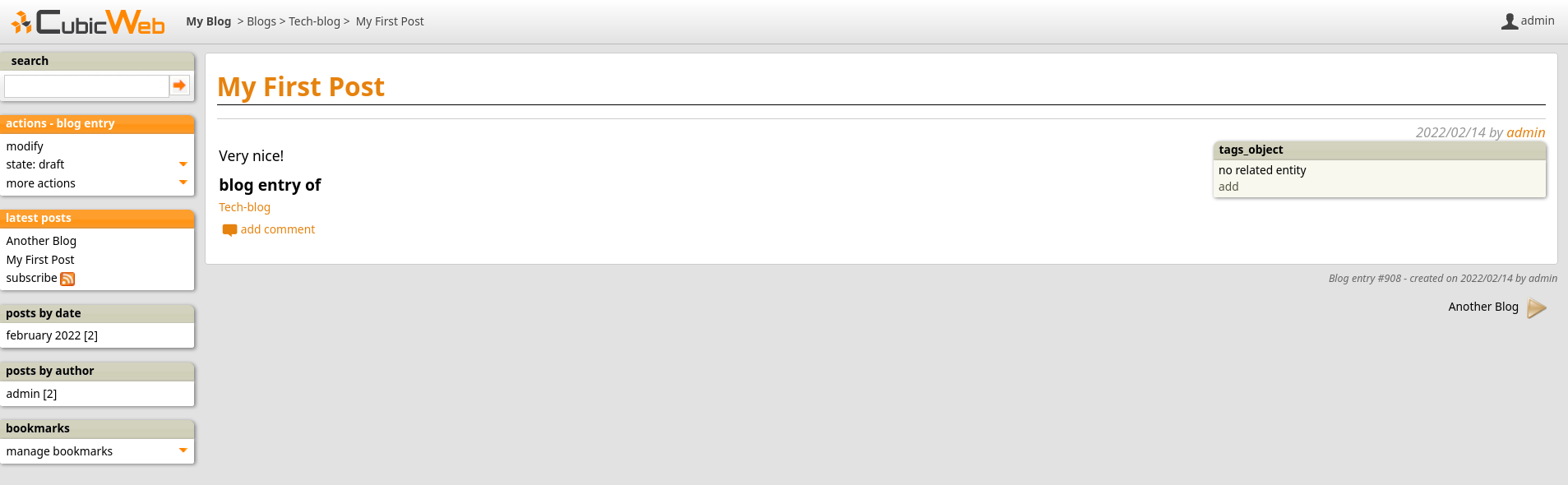 the primary view for a blog entry with comments and tags activated