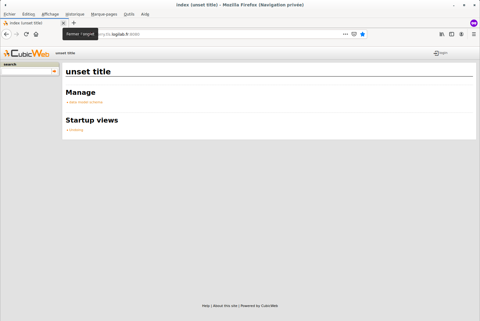 The empty instance homepage.